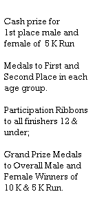 Text Box:  
Cash prize for  
1st place male and female of  5 K Run
 
Medals to First and Second Place in each age group.  
 
Participation Ribbons to all finishers 12 & under;
 
Grand Prize Medals to Overall Male and Female Winners of
10 K & 5 K Run.
 
 
